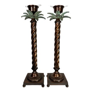 Vintage Palm Beach Regency Palm Tree Candlestick Holders With Satin Copper Finish on Pedestal Footed Base Decor - a Pair For Sale