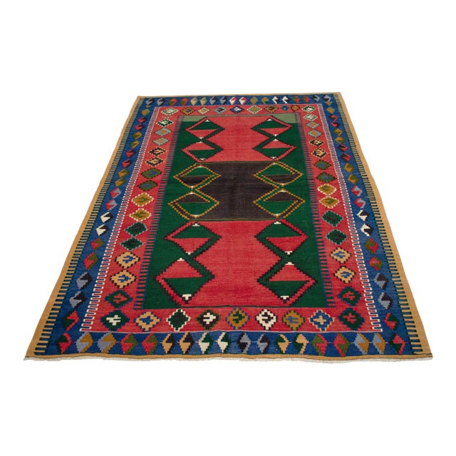 1960s Hand Woven Turkish Kilim Rug Flat Weave Area Rug - 4′4″ × 6′1″ For Sale