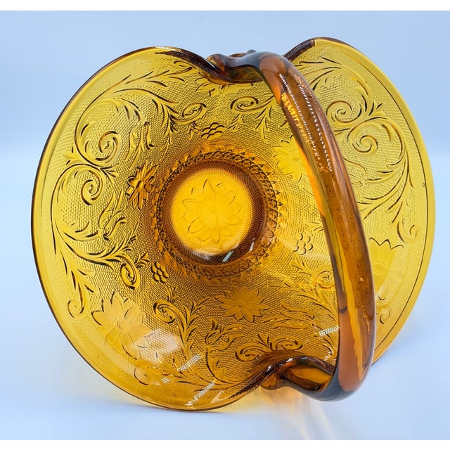 Glass Brockway Indiana Glass Large Tiara Amber Sandwich Handled Basket Signed j.t. For Sale - Image 7 of 10