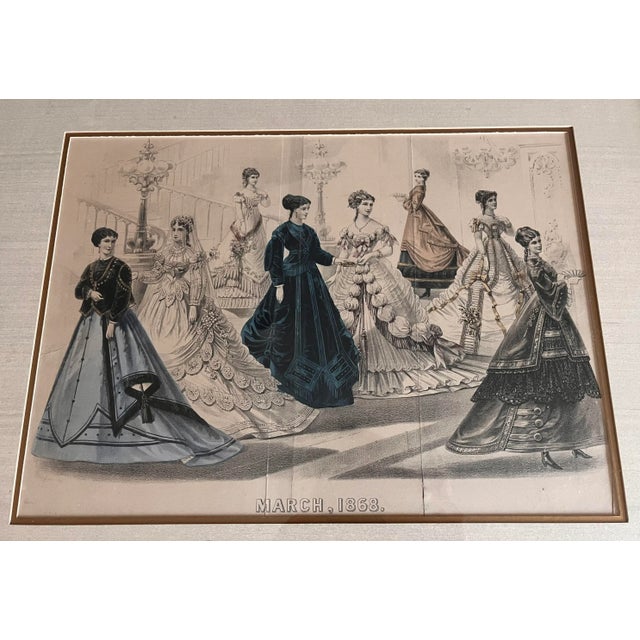 Antique 19th Century Fashion Hand Colored Fashion Magazine Advertisements - Framed Pair For Sale - Image 4 of 9