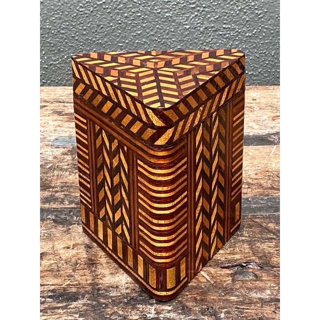 Brown Vintage Geometric Inlaid Wood Box For Sale - Image 8 of 12
