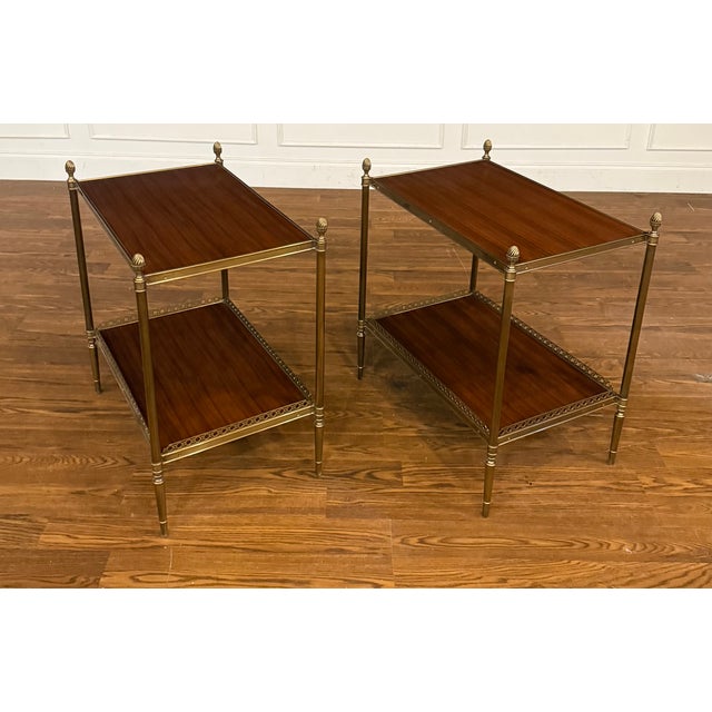 Wood Pair of Two Tiered Brass and Wood End Tables by Leighton Hall - Showroom Samples For Sale - Image 7 of 17