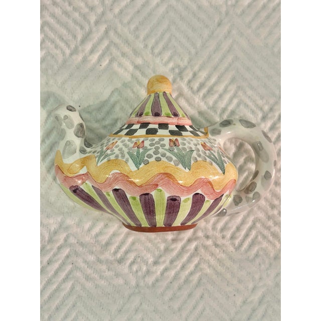 Cabin 2003 MacKenzie-Childs "Piccadilly" Hand-Painted Ceramic Teapot Cabinet Pulls - Set of 4 For Sale - Image 3 of 12