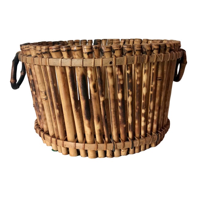 1970s Round Rattan Bamboo Planter With Handles For Sale