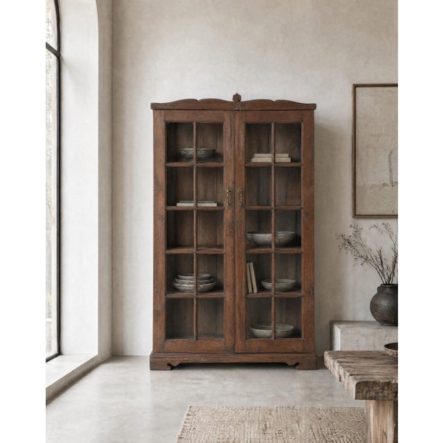 Antique Indian Glass Cabinet | Vintage Armoire With Arched Crown | Teak Wood Display Cabinet | Rustic Home Decor For Sale - Image 6 of 6