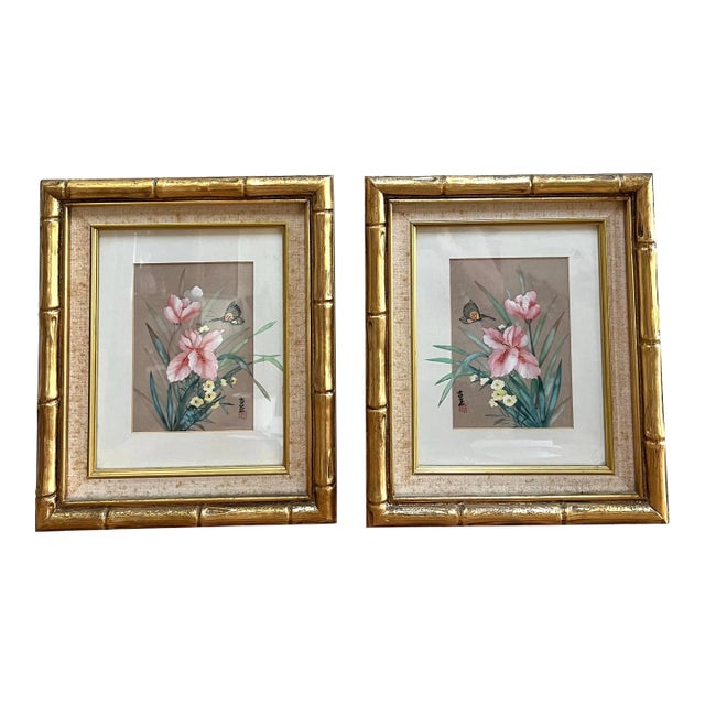 Asian Lilies / Botanical Painting in Gilt Bamboo Frame - a Set of Two For Sale