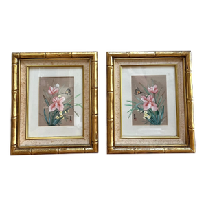 Asian Lilies / Botanical Painting in Gilt Bamboo Frame - a Set of Two