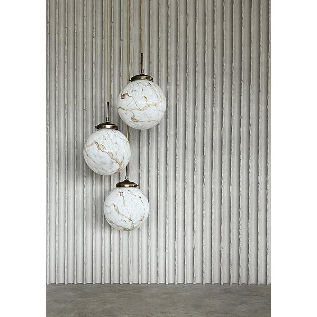 3-Globe Pendant Light in Marble-Patterned Glass and Brass, 1960s For Sale - Image 6 of 6