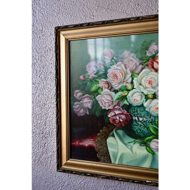 Wood Floral Still Life, Early 20th Century, Chromolithograph on Canvas, Framed For Sale - Image 7 of 9