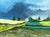 Oil painting on canvas laid down on board of an English landscape with impending storm clouds, cottages in the distance,...