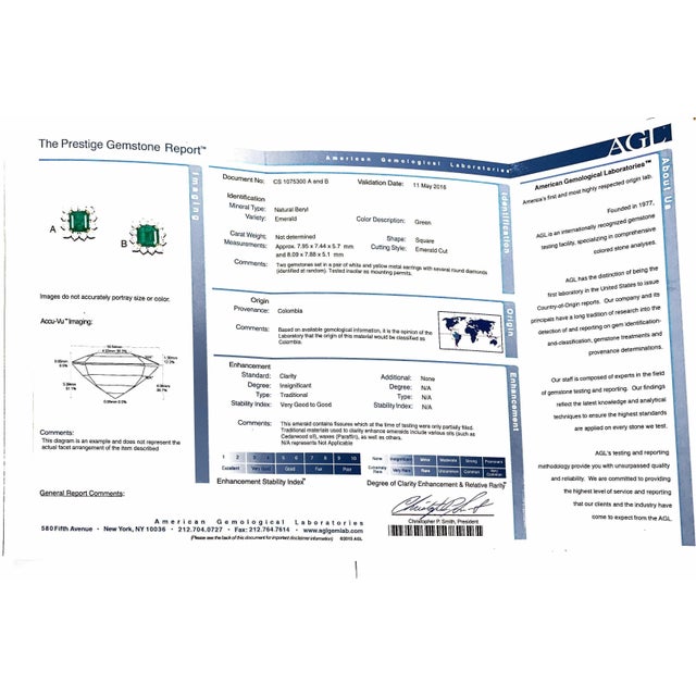 Traditional AGL Certified Insignificant Traditional 5 ct Colombian Emerald Diamond Earrings For Sale - Image 3 of 18