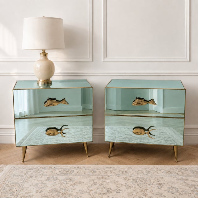 Mid-Century Modern Aqua Green Mirrored Glass Nightstands with Brass Fish Handle, 2000, Set of 2 For Sale - Image 6 of 10