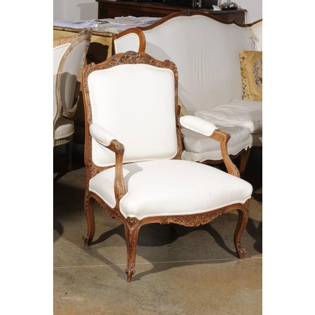 Mid 19th Century Italian 19th Century Rococo Style Carved Walnut Upholstered Armchairs - A Pair For Sale - Image 5 of 12