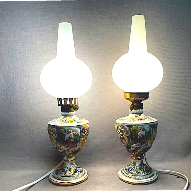 Metal Portuguese Porcelain Hand Painted Table Lamps by Alcobaça Porcelain Factory, Set of 2 For Sale - Image 7 of 18
