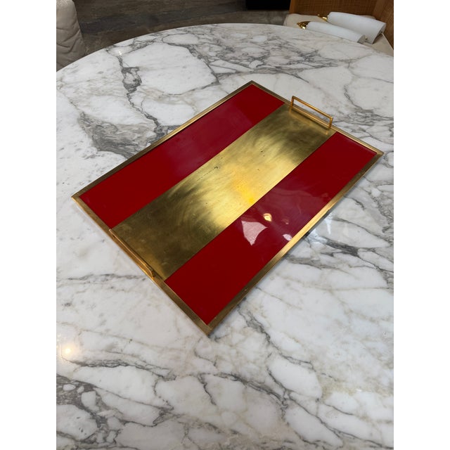 Modern Vintage Red Lacquer & Brass Serving Tray With Handle For Sale - Image 3 of 7