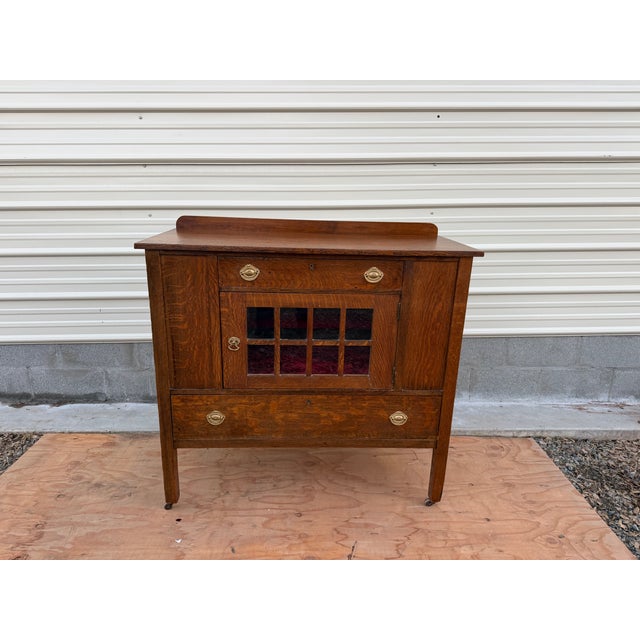 Antique Arts & Crafts Oak Cabinet With Leaded Glass Door & Velvet Interior For Sale - Image 11 of 17