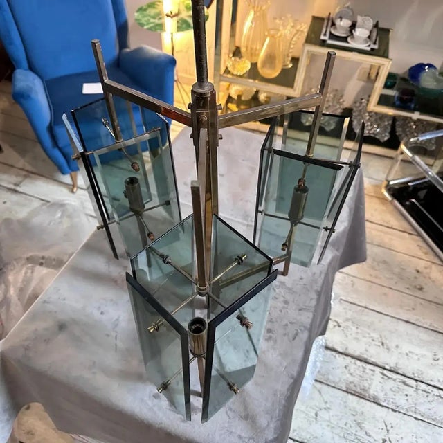 1970s Cristal Arte Mid-Century Modern Brass and Green Glass Italian Chandelier For Sale - Image 10 of 12