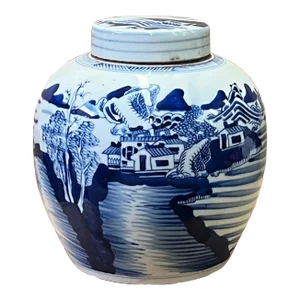 Oriental Hand-Paint Scenery Blue White Porcelain Ginger Jar