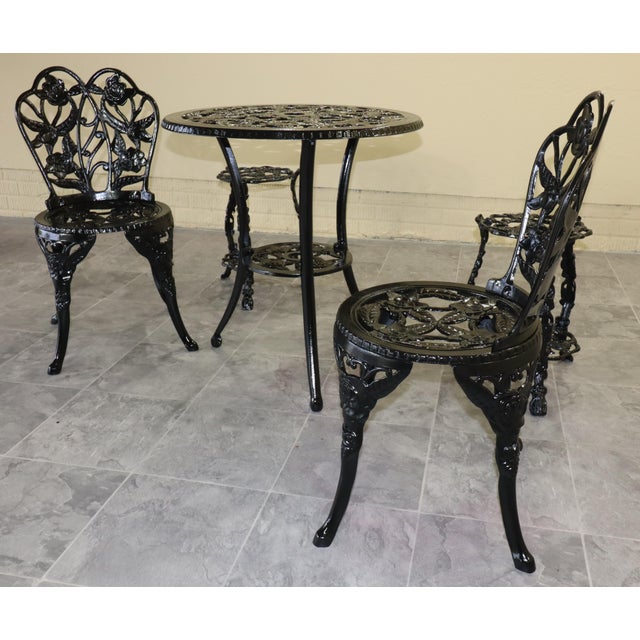 Victorian 1950s Rose-Pattern Cast Iron and Aluminum Garden Bistro Set With Two Plant Stands, 5 Pieces For Sale - Image 3 of 16
