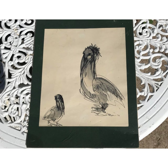 Pen and ink watercolor wash of Pelicans, signed. Image is 8” x9.5 “