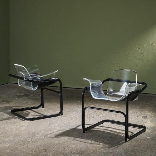 Mid-Century Modern Cantilever Lounge Chairs in Acrylic, Leather and Steel by Paolo Tilche for Arform Brasil, 1970s, Set of 2 For Sale - Image 3 of 13