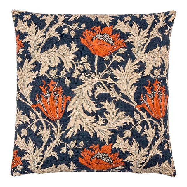 Morris Anemone Blue Rust Tapestry Cushion With Feather Filler - 55 X 55cm For Sale
