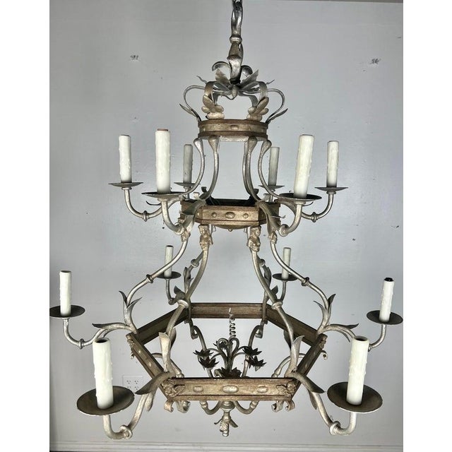 1930s Monumental Two-Tiered 12-Light Silvered Chandelier W/ Crown For Sale - Image 9 of 16