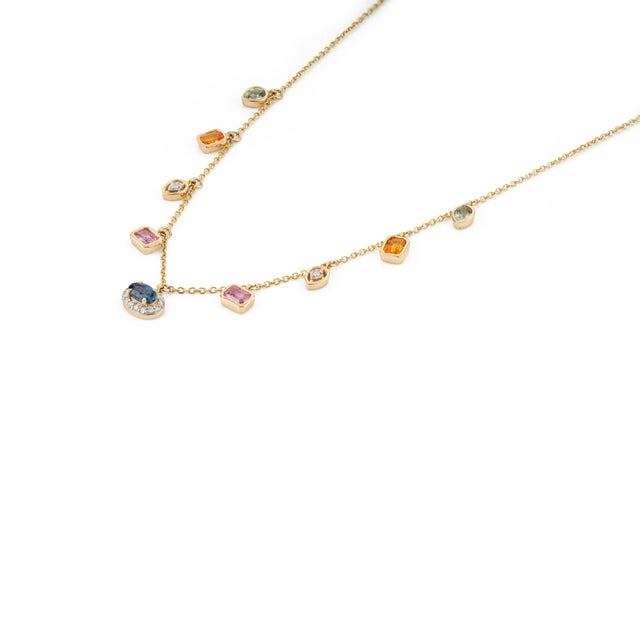Metal 1.63ct Mixed Shape Rainbow Sapphire & Diamond Charm Necklace in 14k Yellow Gold For Sale - Image 7 of 14