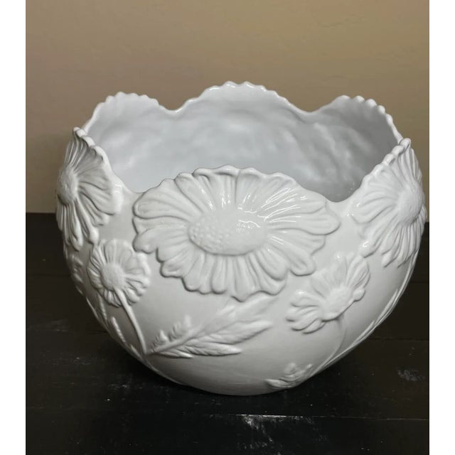 Late 20th Century White Ceramic Petal Edge Raised Floral Large Bowl Cachepot Made in Portugal For Sale - Image 10 of 12