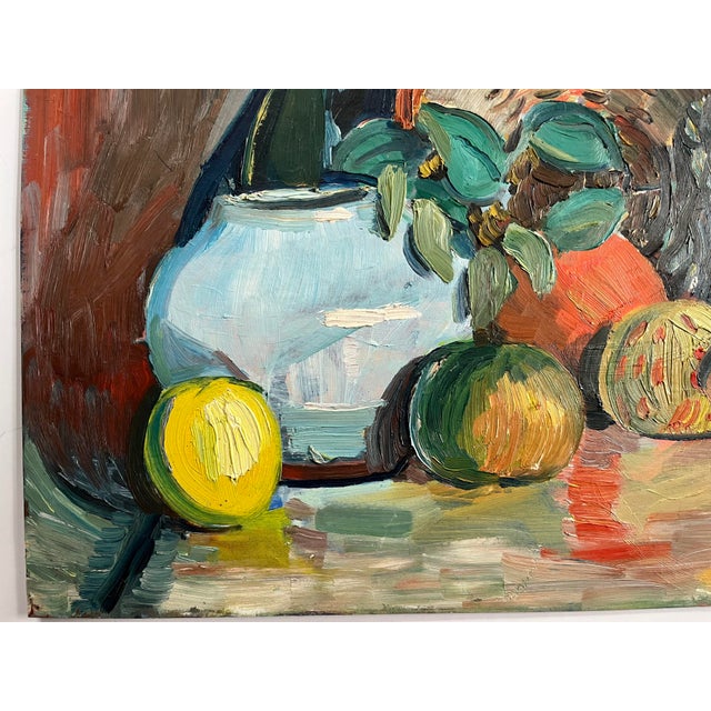 1940s 1940s Vintage Oil Painting Still Life With Basket, Fruit, Vase, and Bottle, Unsigned For Sale - Image 5 of 9