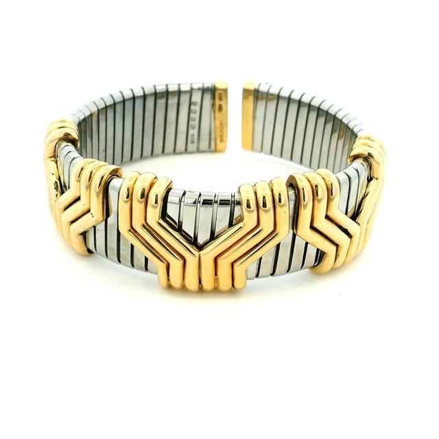 1990s Bulgari Parentesi Tubogas 18k Gold & Stainless Steel Cuff Bracelet For Sale - Image 9 of 12