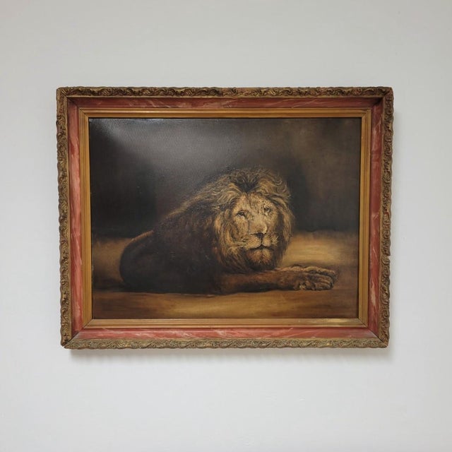 Antique Lion Oil Painting on Academy Board, C. 1900 For Sale - Image 4 of 5