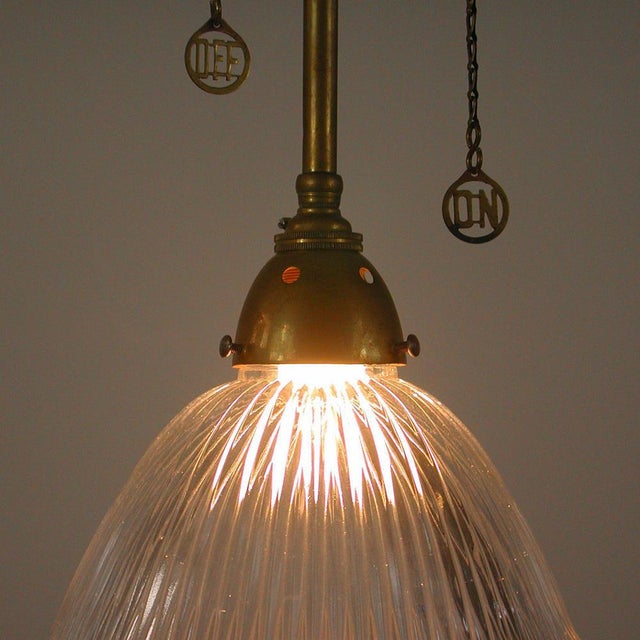Art Deco Holophane Glass and Aged Brass Pendants, 1920s, Set of 2 For Sale - Image 13 of 18