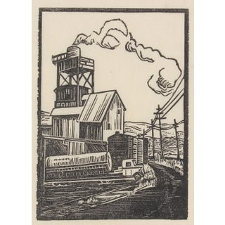 Circa 1940s Rural Factory Linoleum Block Print by Mary Watterick Evans For Sale