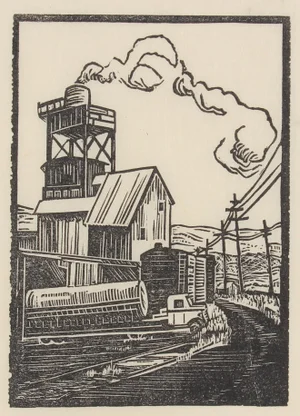 Circa 1940s Rural Factory Linoleum Block Print by Mary Watterick Evans
