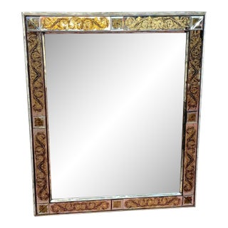 Maison Jansen (Atrib.) Eglomise Gilt Neoclassical Floral Trellis Jeweled Mirror For Sale