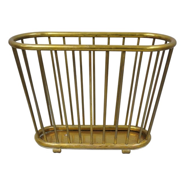 Vintage Gatco Mid Century Modern Solid Brass Spindle Modernist Magazine Rack For Sale