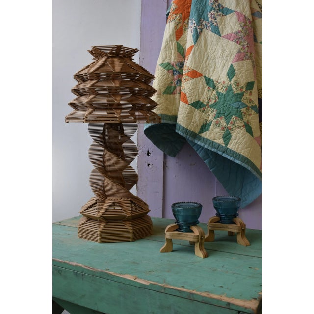 Vintage Folk Art Popsicle Stick Table Lamp, Circa 1970s. Geometric form fully constructed from popsicle sticks in natural...
