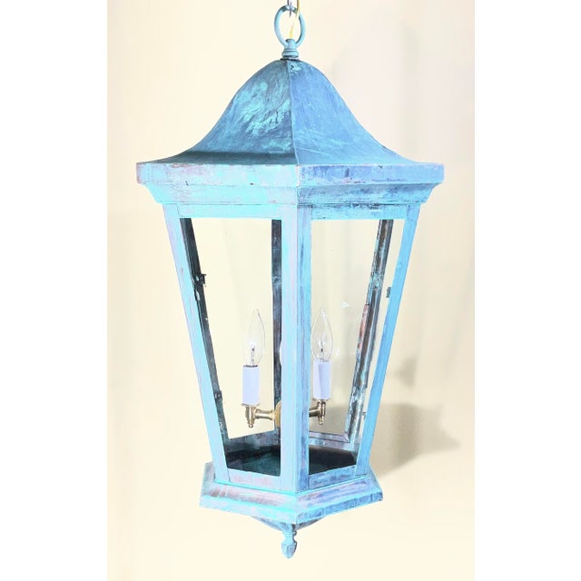 Large Vintage Solid Brass Hexagonal Lantern – Verdigris Patina For Sale - Image 12 of 13