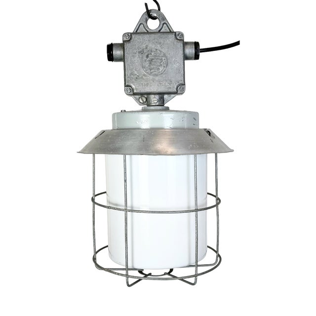 Industrial Aluminium Cage Light with Milk Glass from Elektrosvit, 1970s For Sale