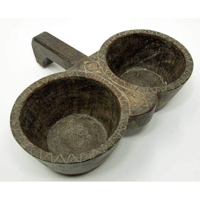 Mid 20th Century Antique Indian Teakwood Large Container With Rustic Carving and Spoon For Sale - Image 5 of 13