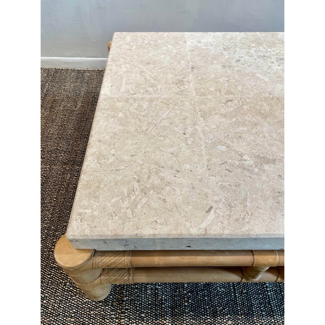 Stone 1980s Vintage in the Manner of Henredon Travertine and Bamboo Coffee Table For Sale - Image 7 of 10