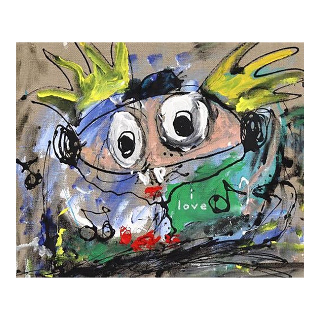 The Neighborhood After Midnight - Original Blue Urban Pop Art Acrylic and Oil Stick Painting on Canvas For Sale