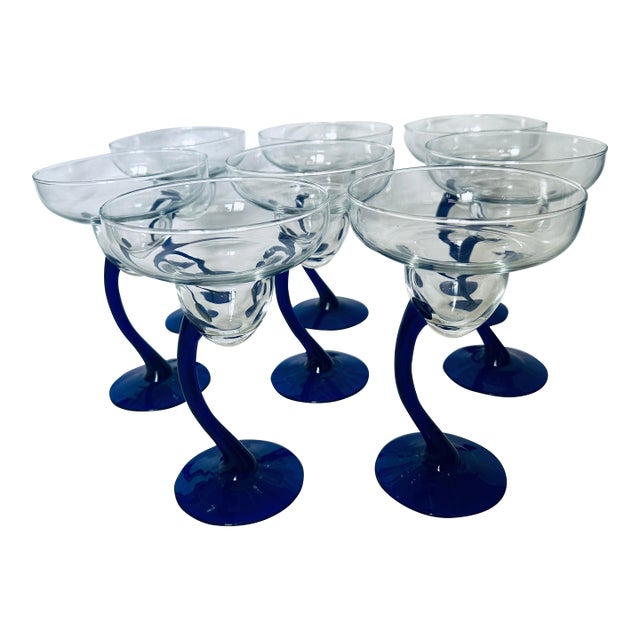 Libbey "Bravura" Blue Stem Margarita Glasses Set of 8 For Sale