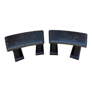 Concrete Outdoor Garden Benches With Rabbits Relief in Black- a Pair For Sale
