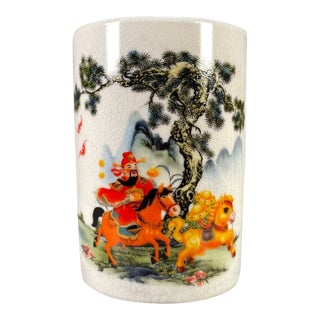 Crackle Glaze Porcelain Brush Pot With Figure on Horseback For Sale