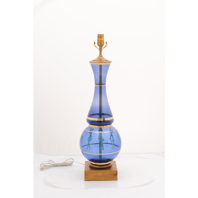 Glass Immaculate Pair of Cobalt Eglomise Hourglass Lamps - 1960s Marbro Lamp Co. For Sale - Image 7 of 9