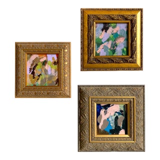 "Abstract Blossoms" Curated Set of 3 Framed Mini Paintings For Sale