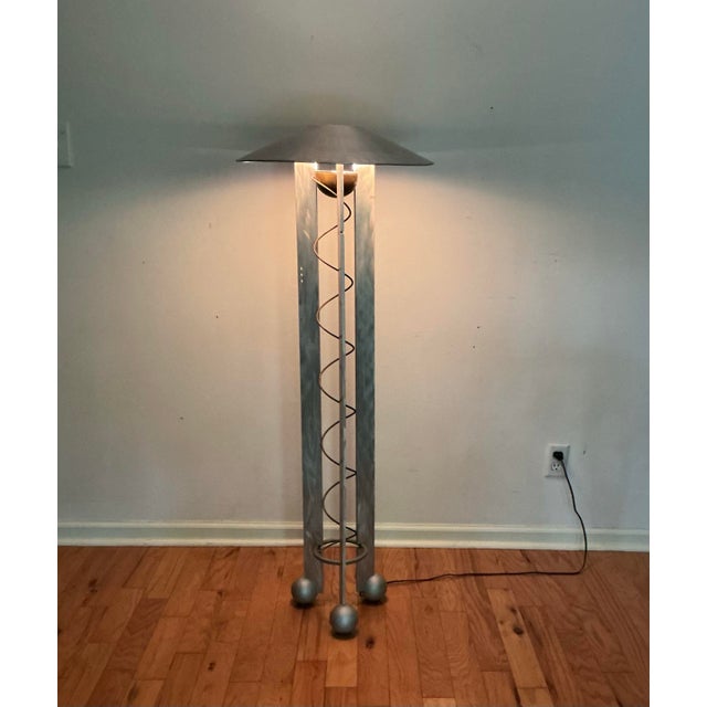 Post Modern, Memphis style Robert Sonneman brushed aluminum industrial floor lamp for George Kovacs, USA 1988. This lamp...