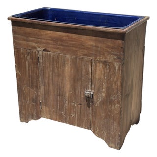 19th Century American Primitive Pine Dry Sink Cupboard Cabinet Vanity W/ Cobalt Blue Enameled Cast Iron Sink & Drain For Sale